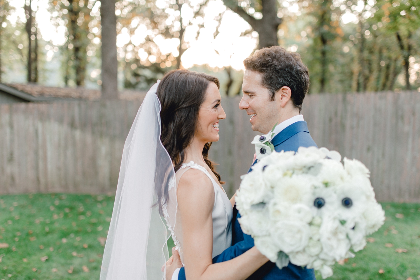 bride and groom portraits for Tulsa backyard wedding