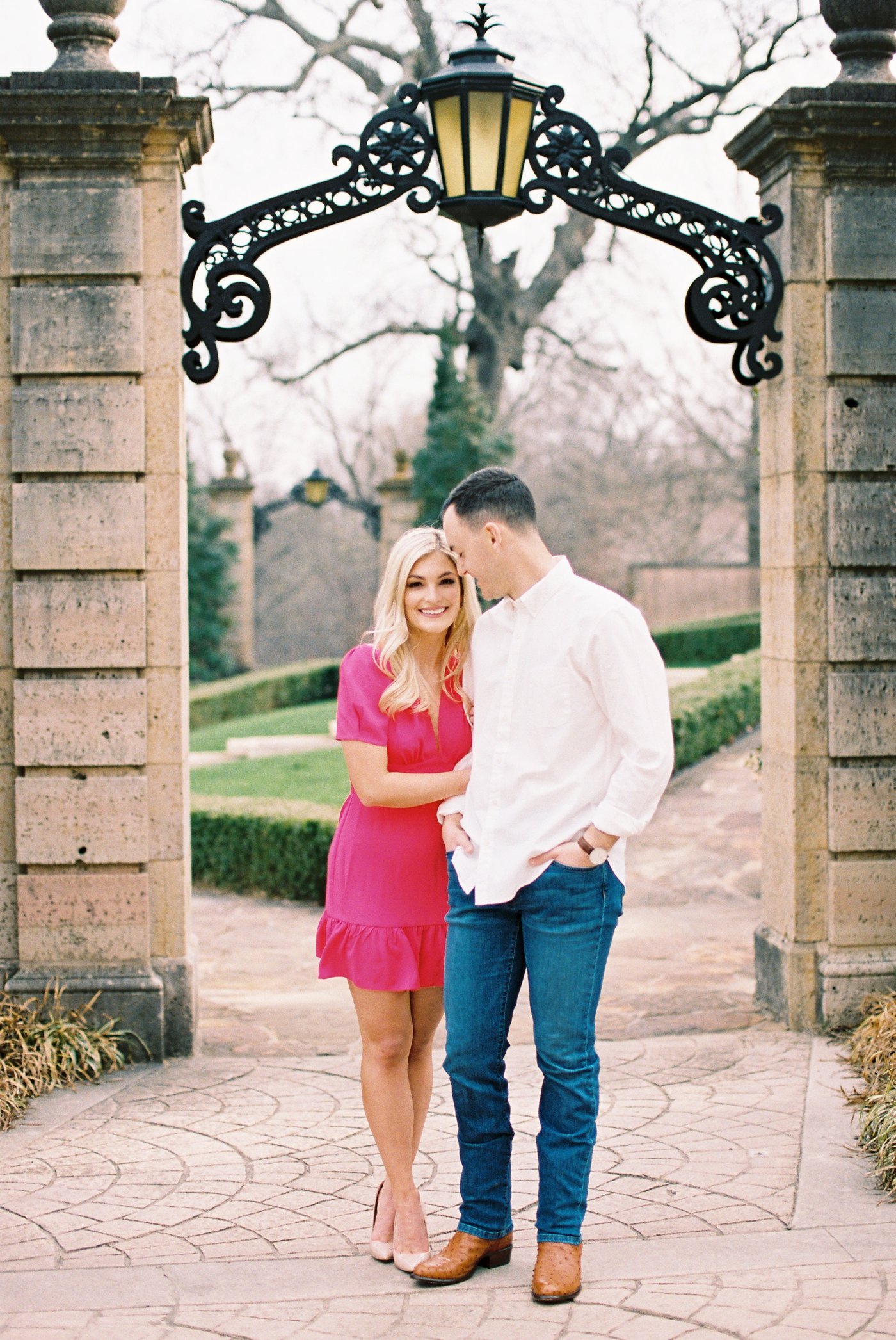 Engagement session with a hot pink dress