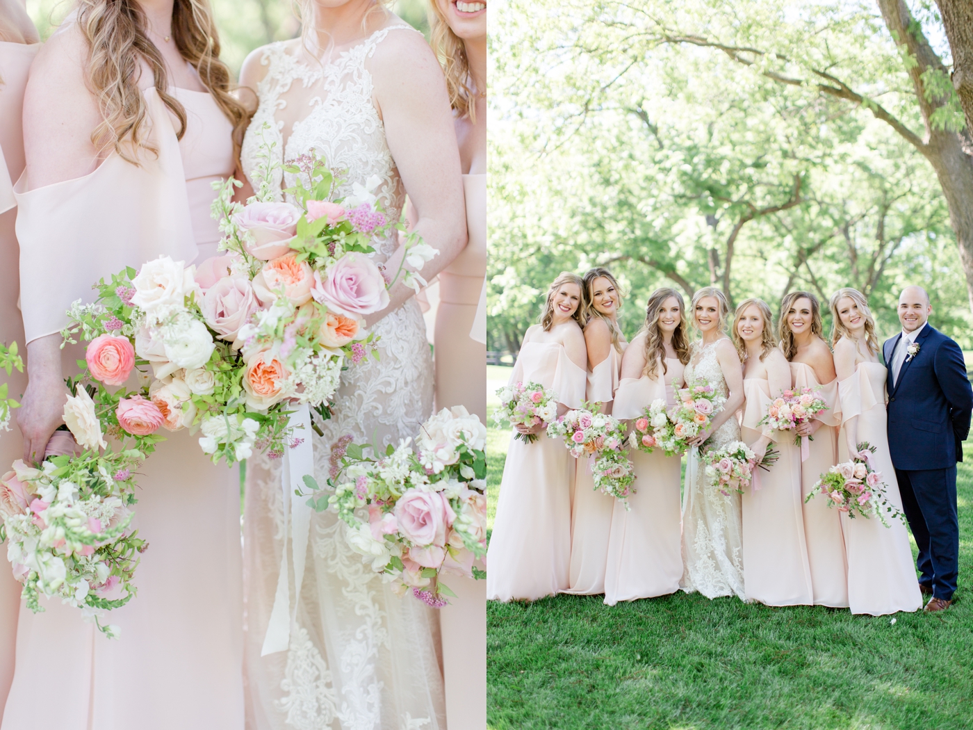 Bridesmaids in blush pink chiffon dresses