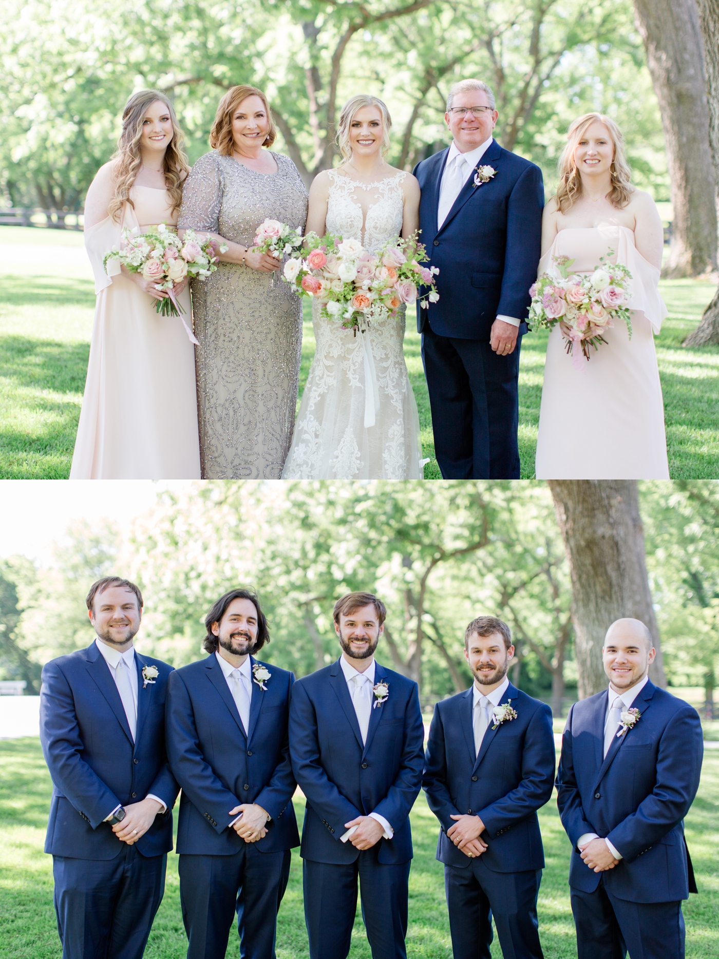 Groomsmen in navy suits and family portraits at Spain Ranch