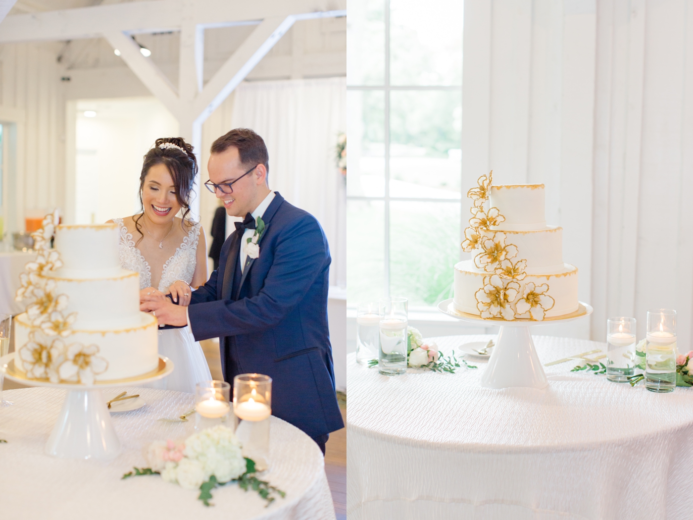 Three-tier white wedding cake with gold sugar flowers