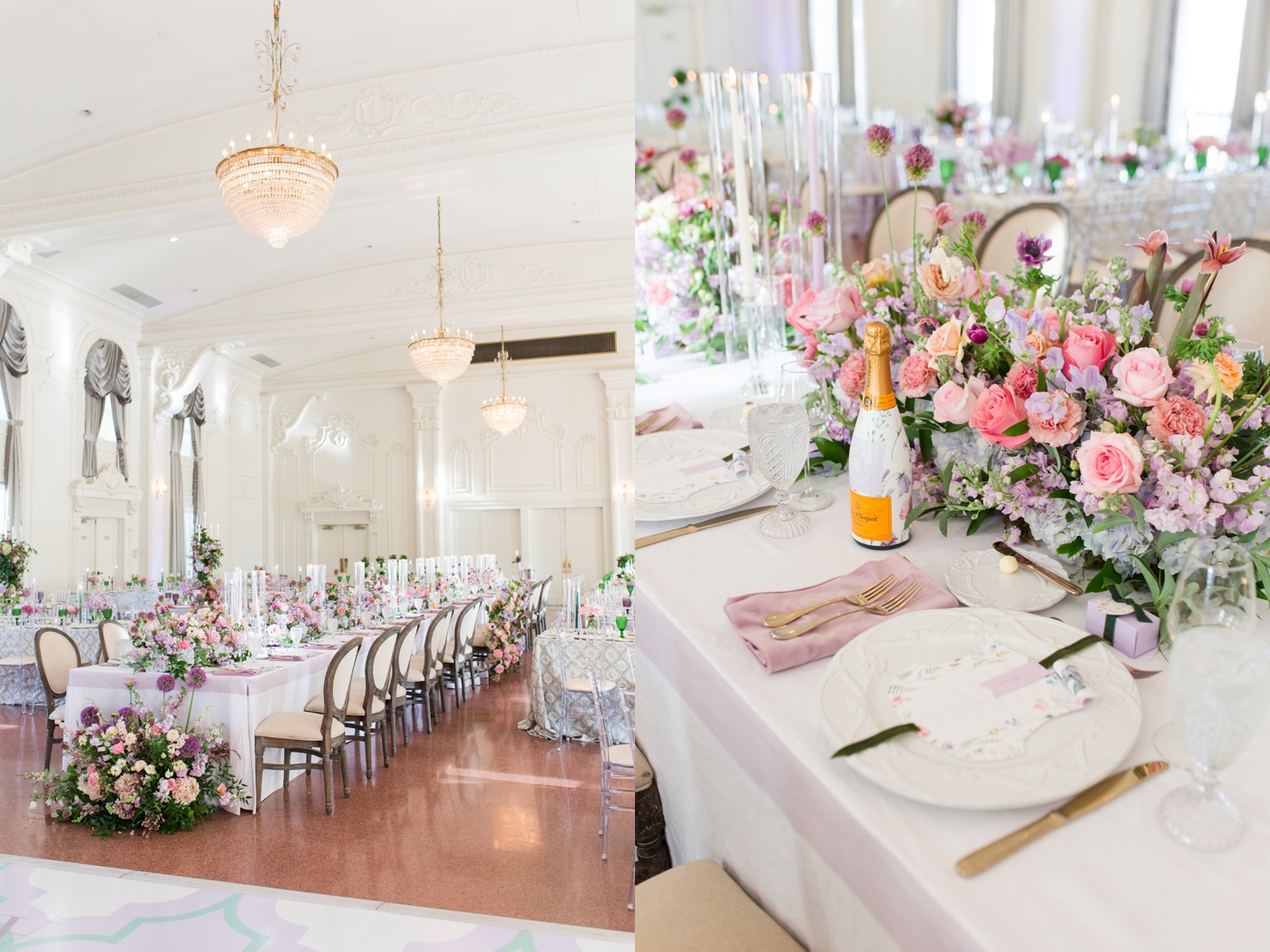 Garden inspired wedding with lilac linens, floral venues, and pastel flowers