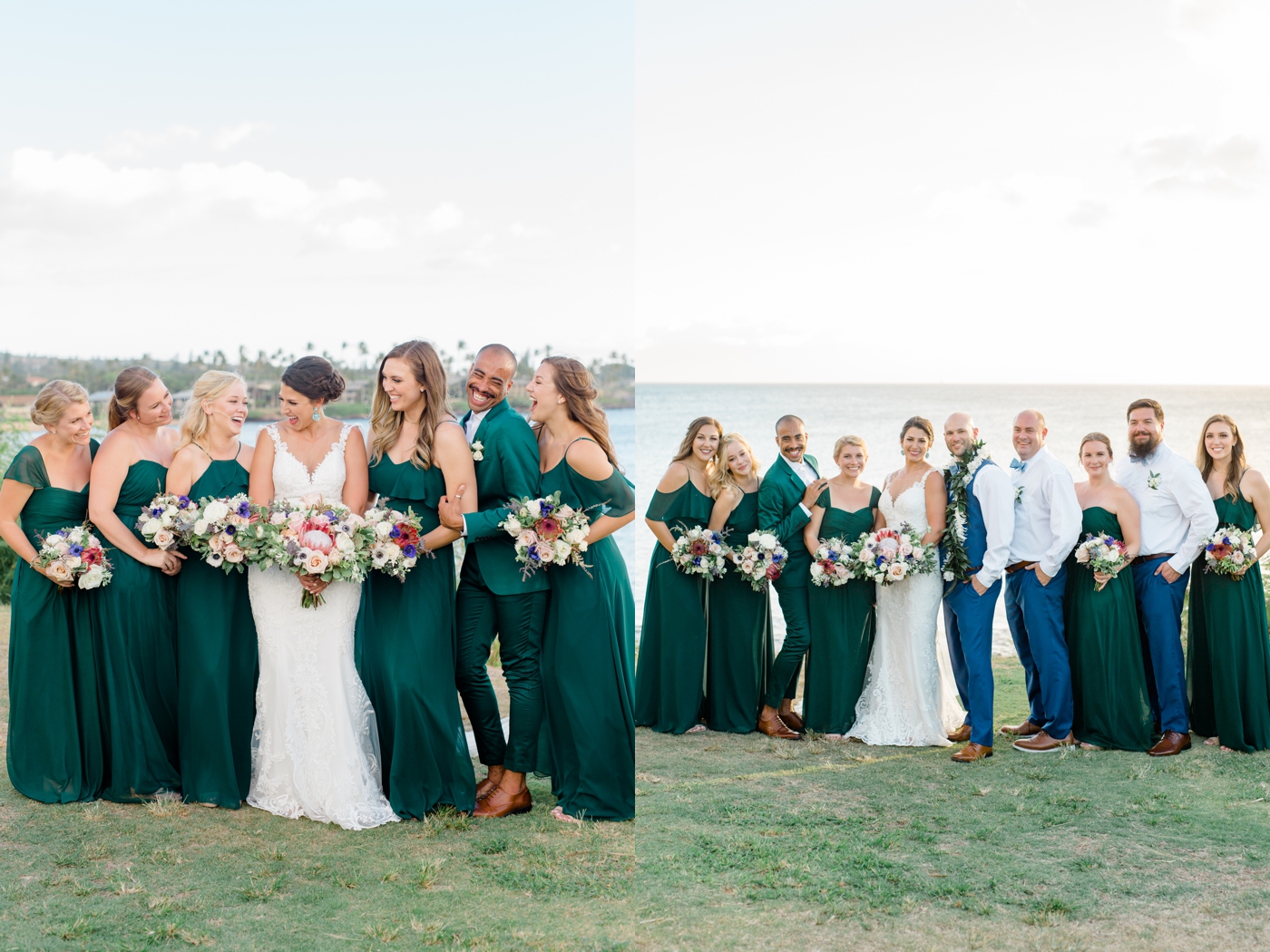 Bridal party in emerald green with colorful bouquets