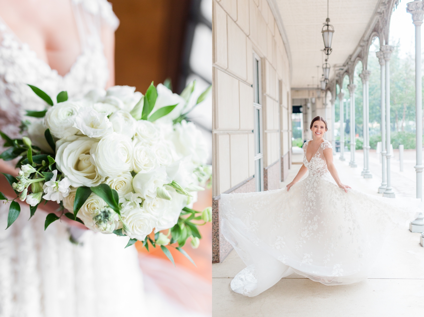Bride in a Berta gown with white bridal bouquet