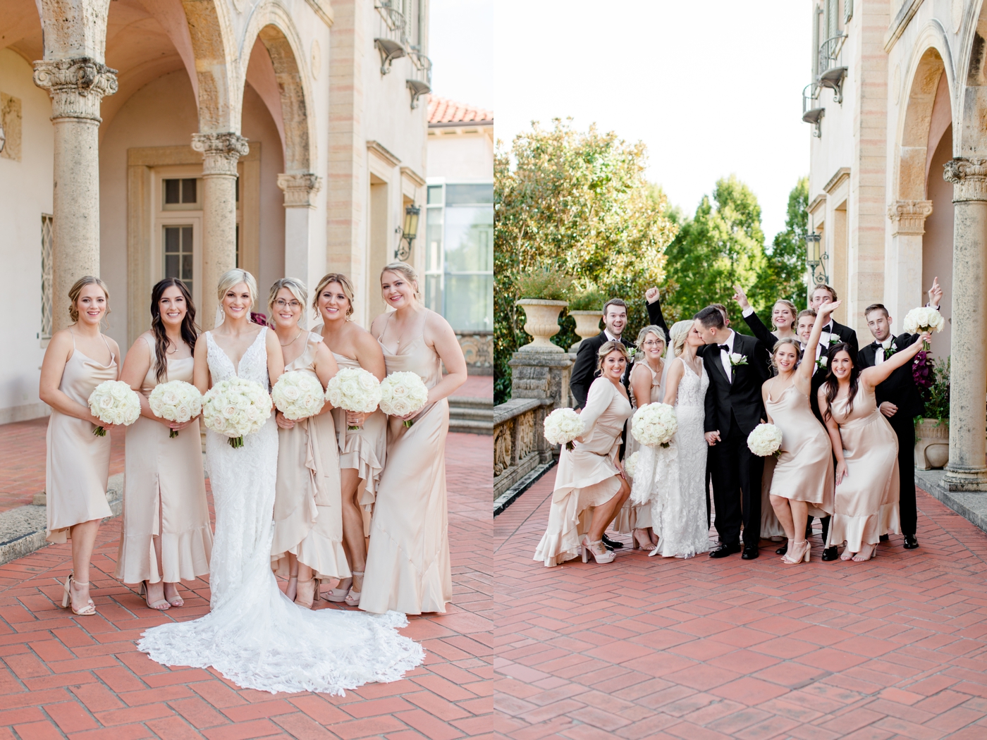 Bridesmaids in blush silk dresses from Show me Your MuMu