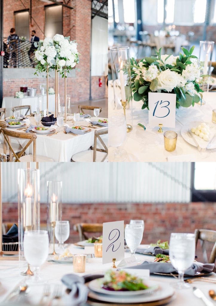 White, gold and green wedding reception decor