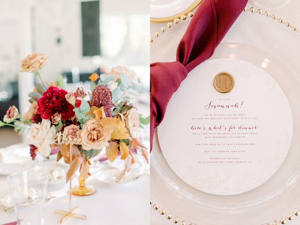 Fall inspired wedding decor, with burgundy accents