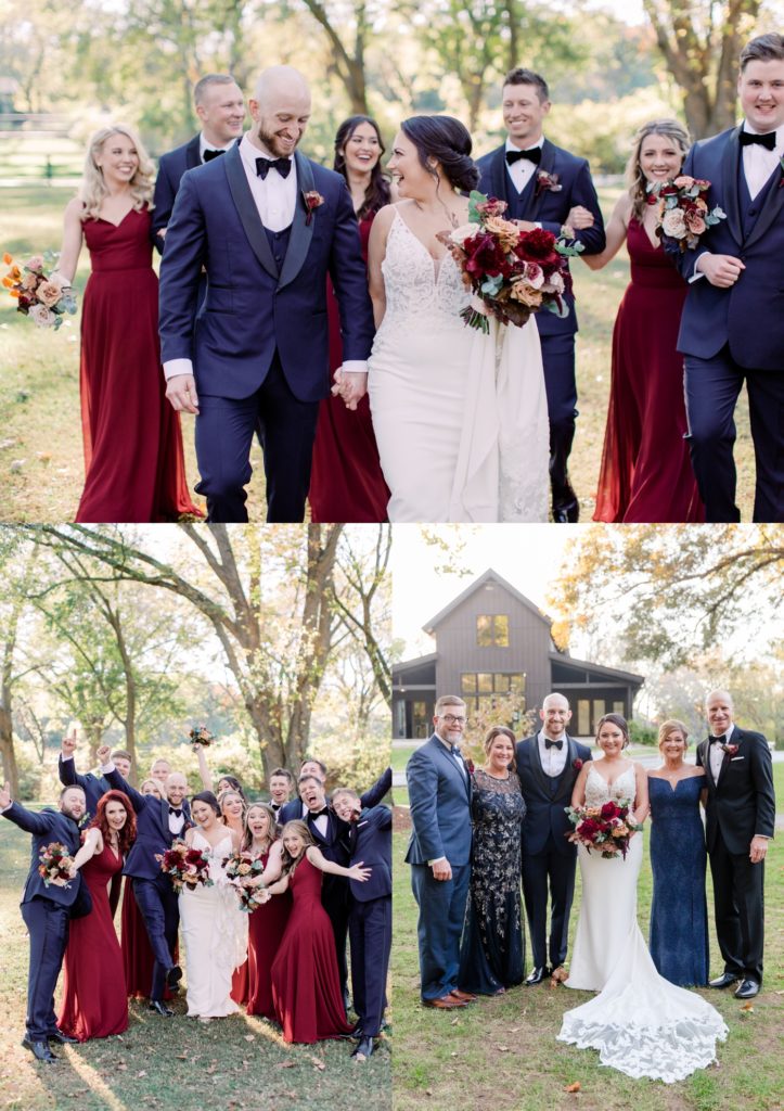 Bridesmaids in merlot gowns