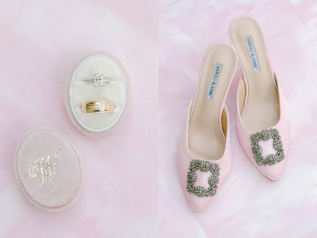 Blush wedding details, with blush Manolo Blahnik heels and a velvet ring box