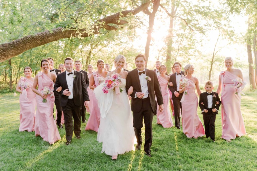 Bridal party portraits at sunset, bridesmaids in blush silk gowns