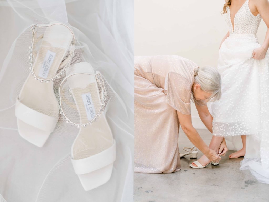 Pearl bridal shoes, and the mom putting on the shoes for the bride