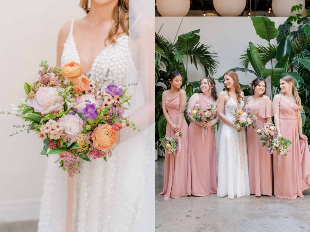 Blush pink bridesmaids with colorful bouquet, bride in the Louie Flowy gown by Made With love