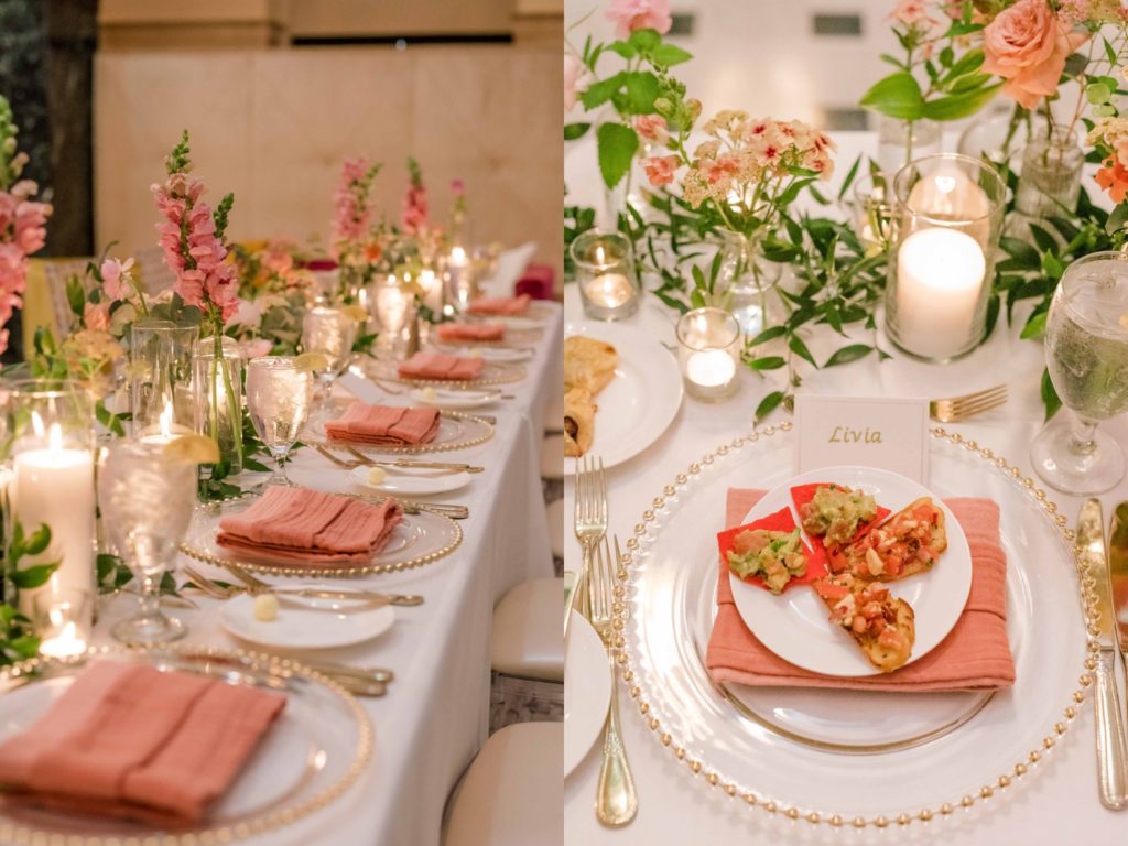 Wedding reception at The Mayo Hotel with peach and gold details