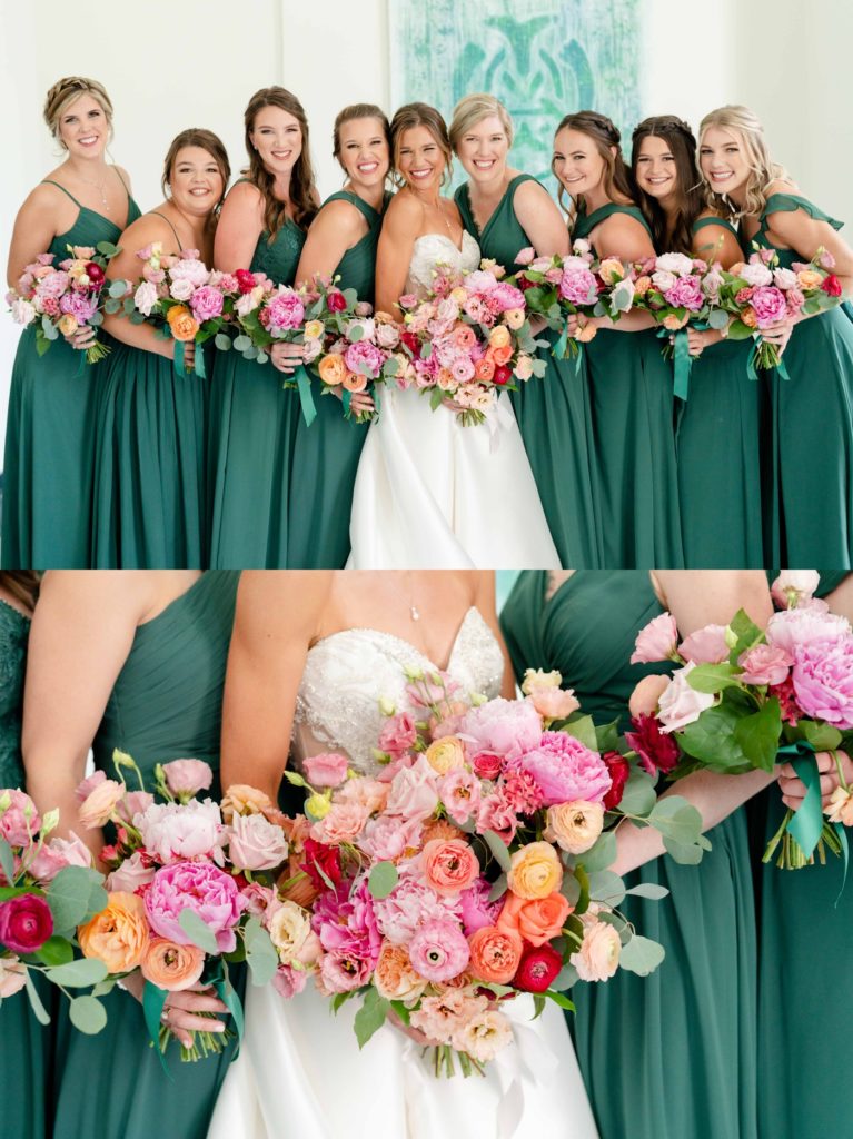 Bridal party with emerald green dresses and colorful bouquets by Robyns Flower Gardens 