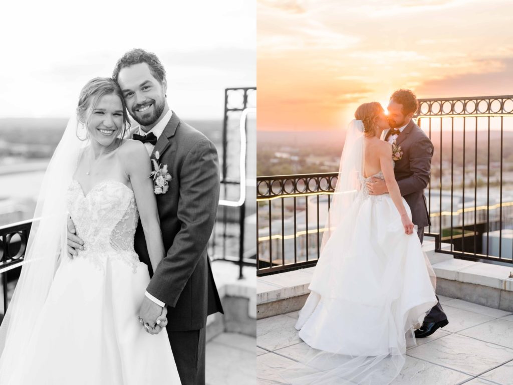 Sunset bride and groom portraits on the rooftop of the Mayo Hotel