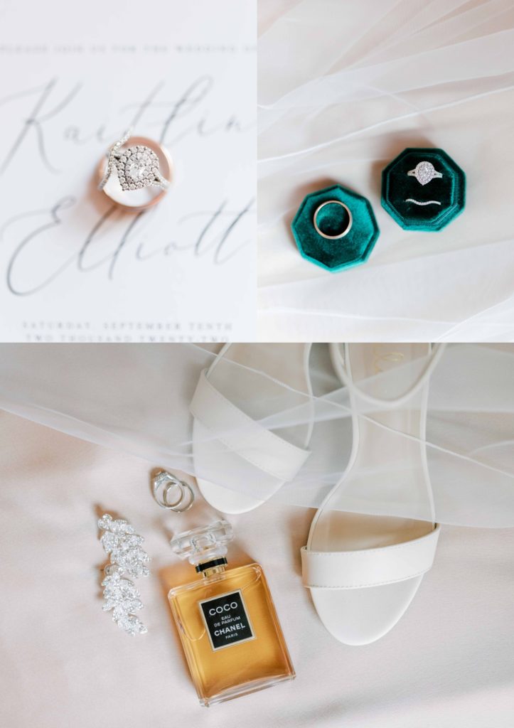 Wedding day details with wedding rings in emerald ring box and white wedding heels