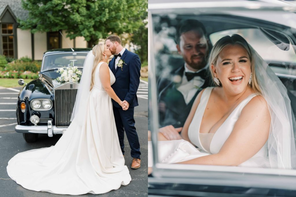 Bride and groom portraits with vintage car in Tulsa