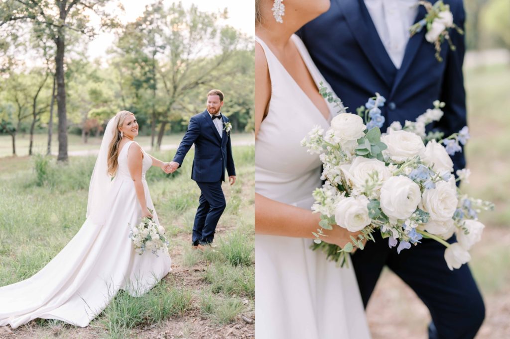 Classic bride and groom portraits with bridal bouquet with white roses and blue accents