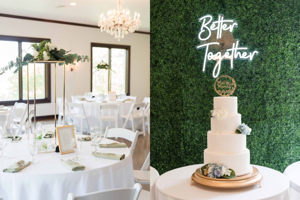 White and gold wedding reception with white wedding cake with greenery