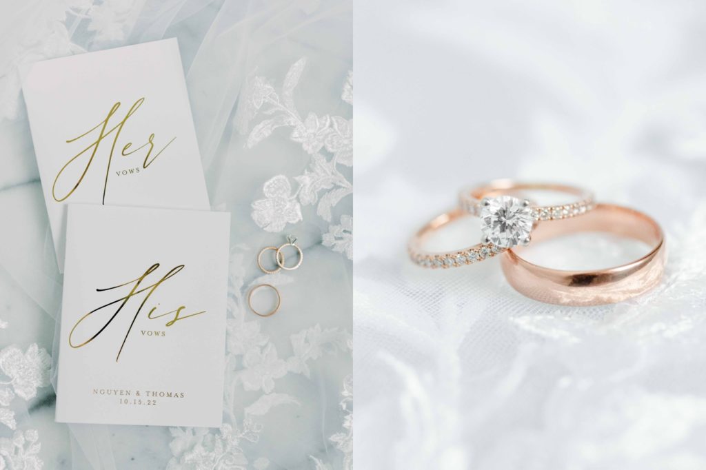 Wedding day details with his and hers vow books and gold wedding rings