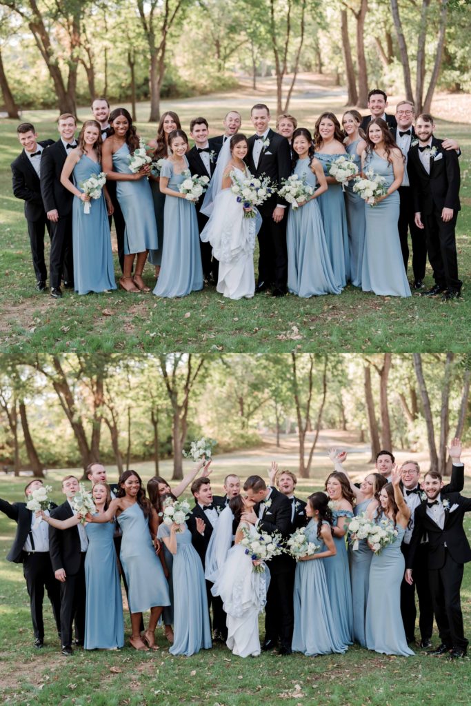 Bridal party with bridesmaids in dusty blue bridesmaids dresses