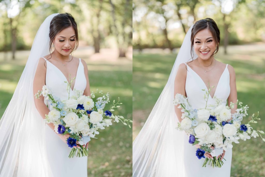 Bride with bridal bouquet with white and blue flowers