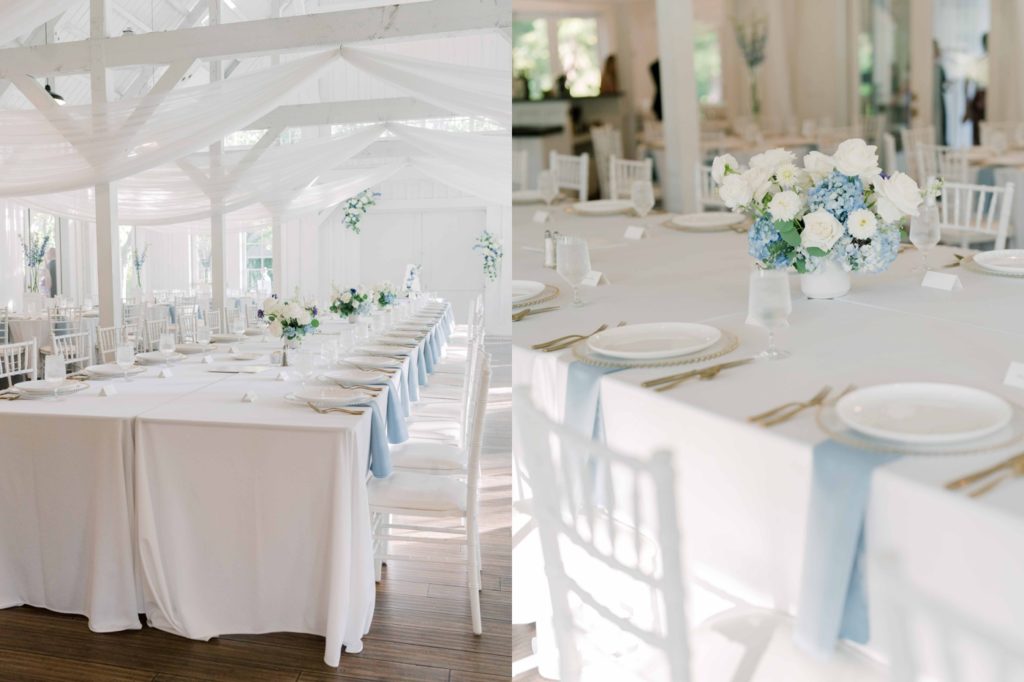 Wedding reception with light blue and white details at Spain Ranch