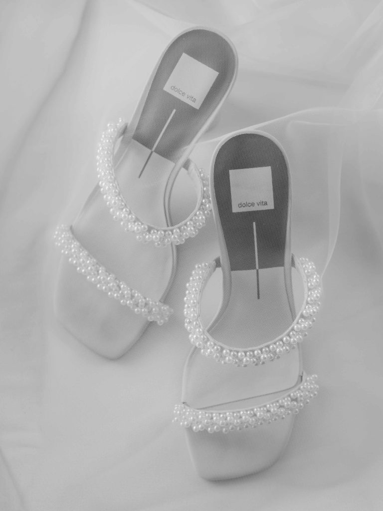 Black and white photo of wedding heels for a wedding in Tulsa