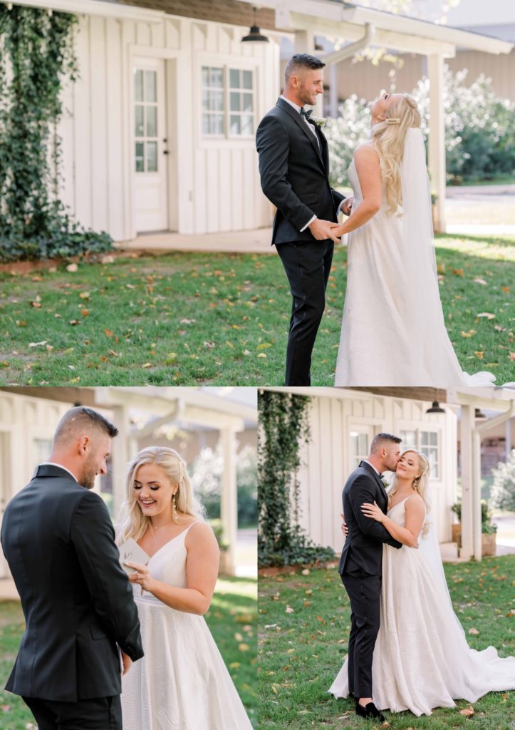 Bride and groom first look at Spain Ranch