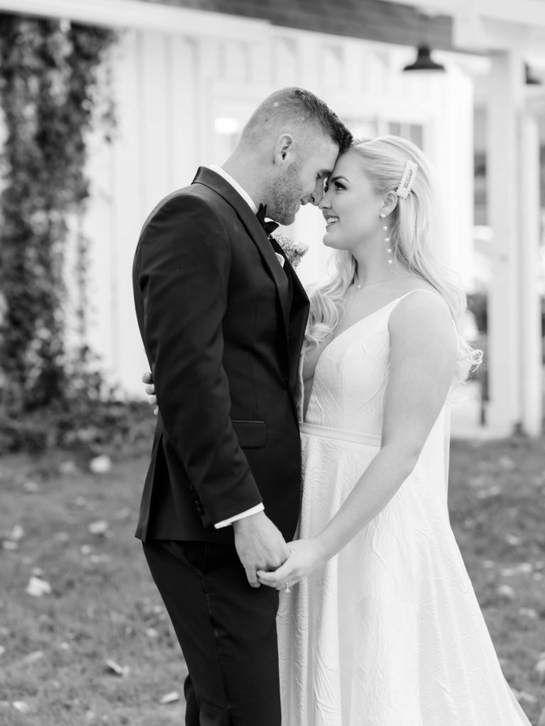 Black and white portrait of bride and groom at Spain Ranch