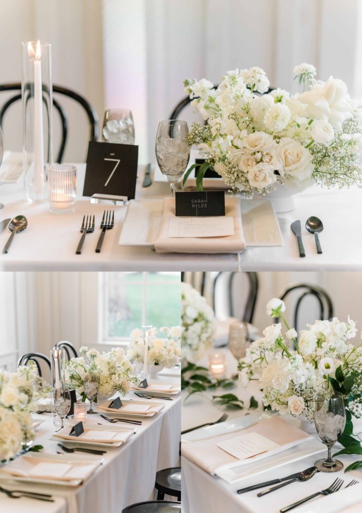 Classic black and white wedding decor for wedding reception at Spain Ranch