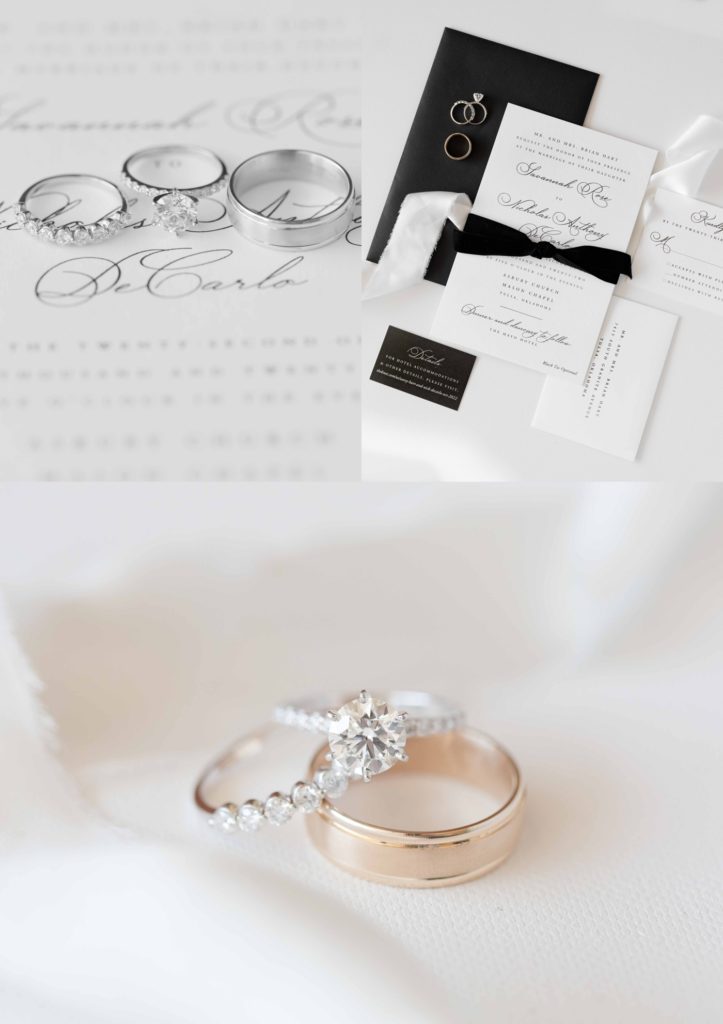 Black and white wedding invitations with wedding bands