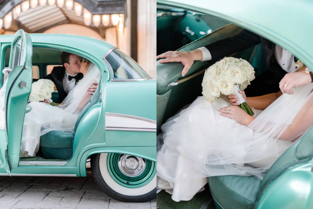 Bride and groom portraits in Tulsa with vintage car