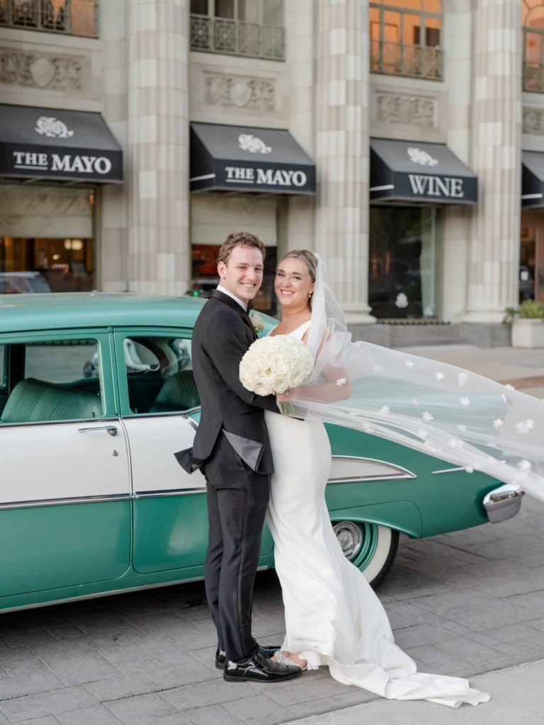 Bride and groom portraits in Tulsa with vintage car