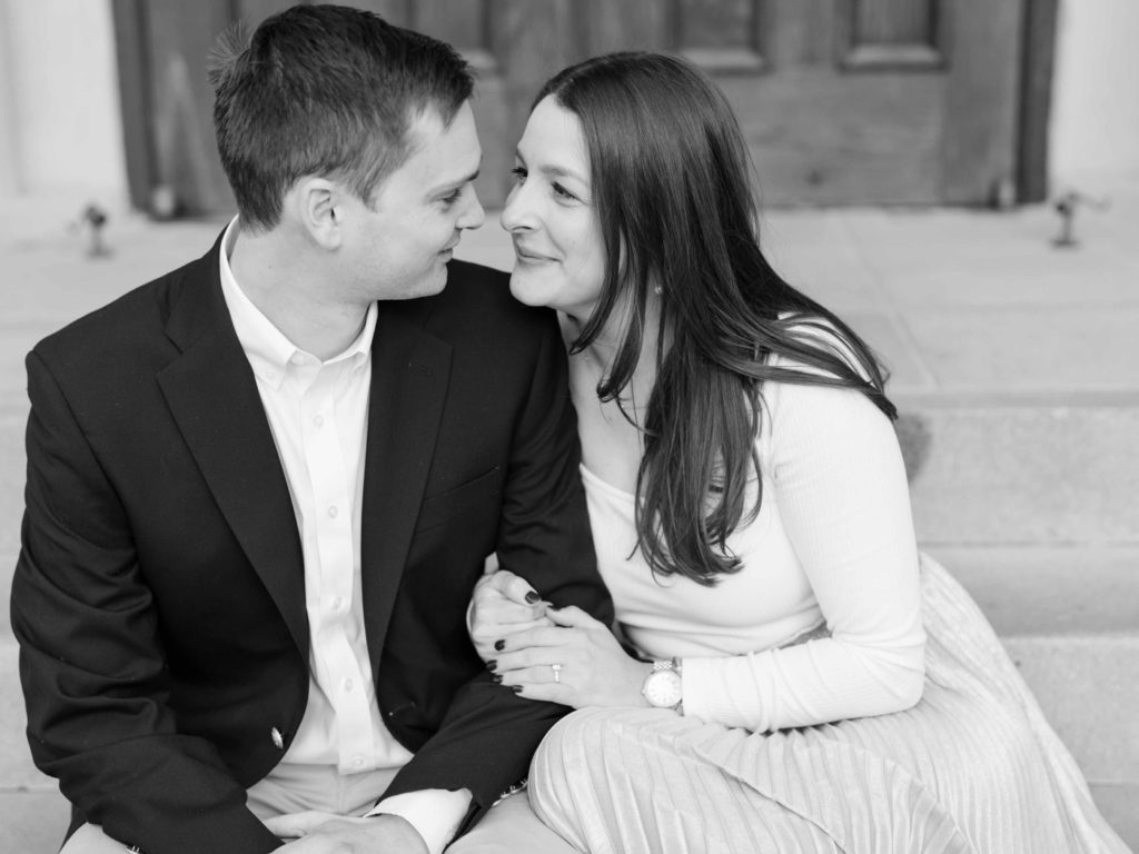 Black and white engagement session photo at the University of Columbia