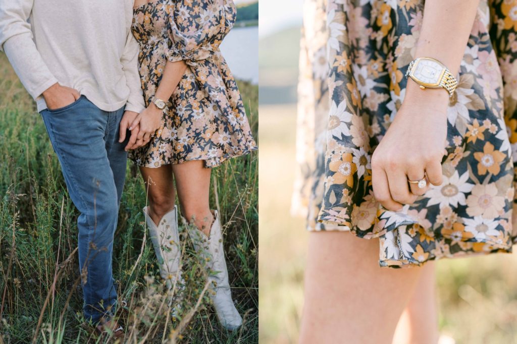 Bride in floral dress and groom in casual jeans for Colorado engagement session