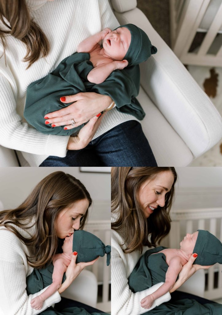 Mom and new baby boy during in-home newborn session 