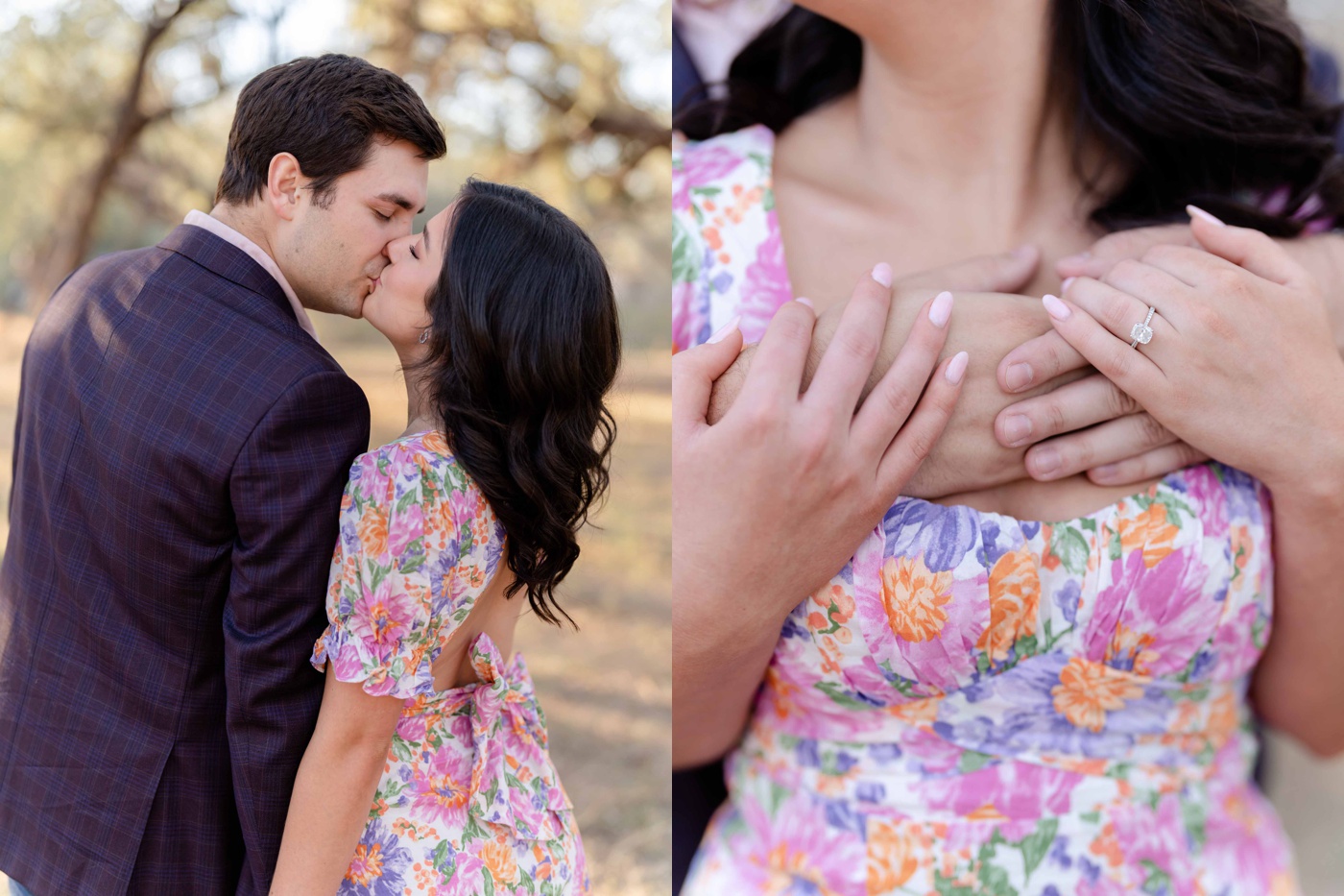 Bride in a floral mini dress for her engagement session