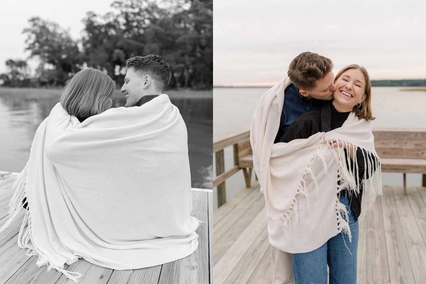 Couple wrapped in a blanket for their engagement portraits