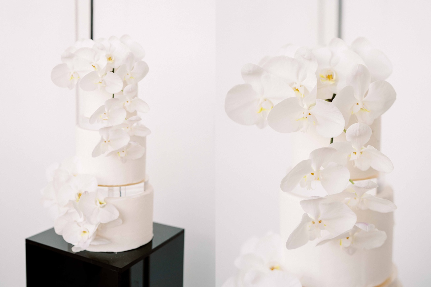 Three-tiered wedding cake decorated with white orchids by Sweet Devotion Cakery