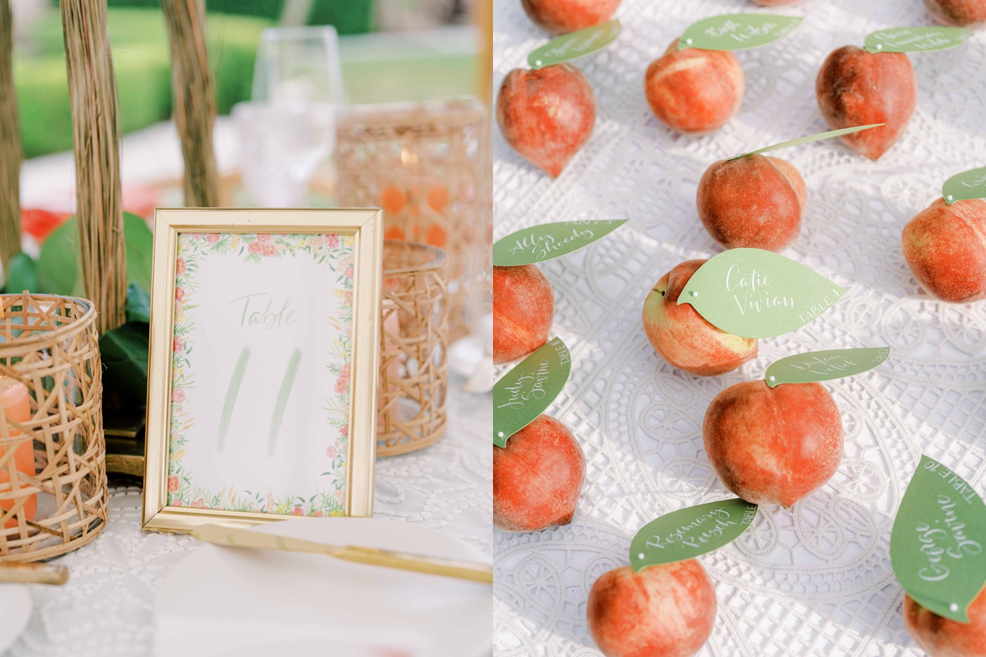 Fresh peach escort cards with calligraphy leaves