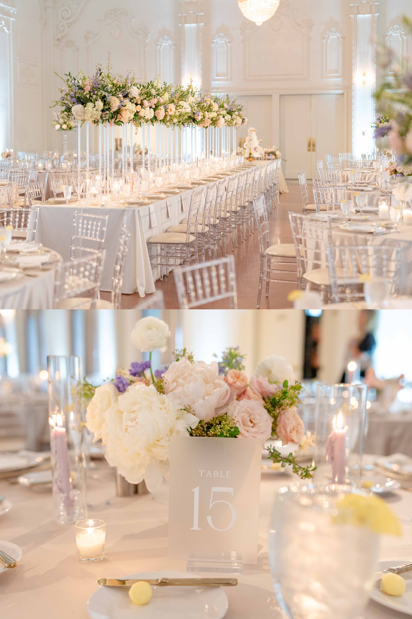 Elevated wedding floral arrangements filled with white hydrangeas and blue delphinium
