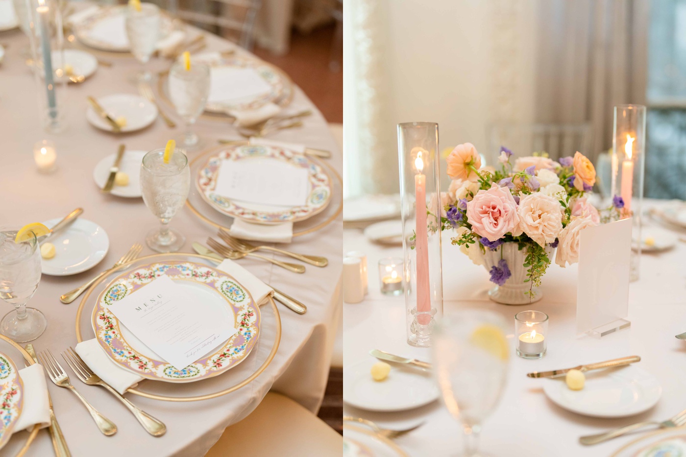 Wedding table setting with a blush China plate and gold cutlery