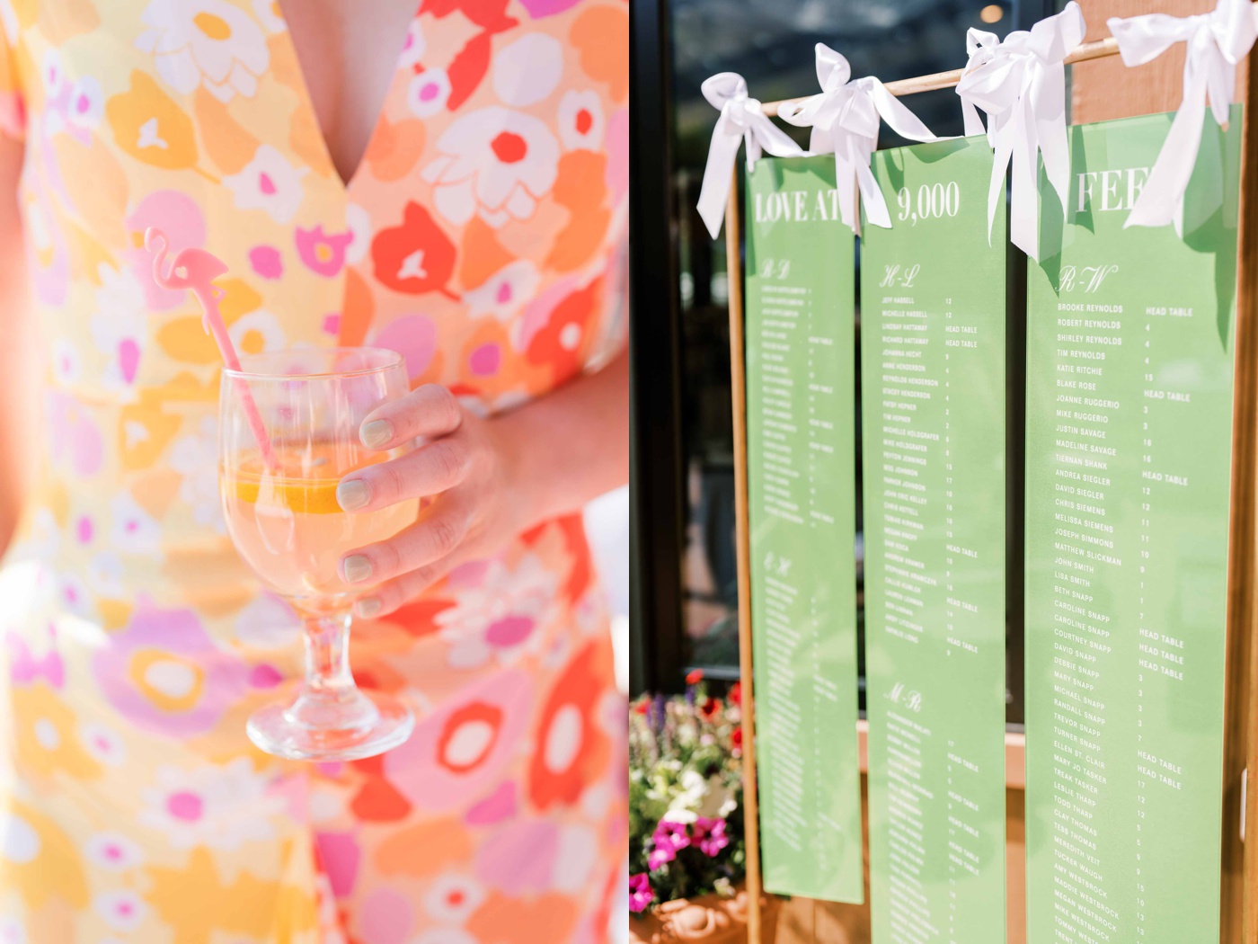 Woman in a pink and orange floral dress holding a summer wedding cocktail