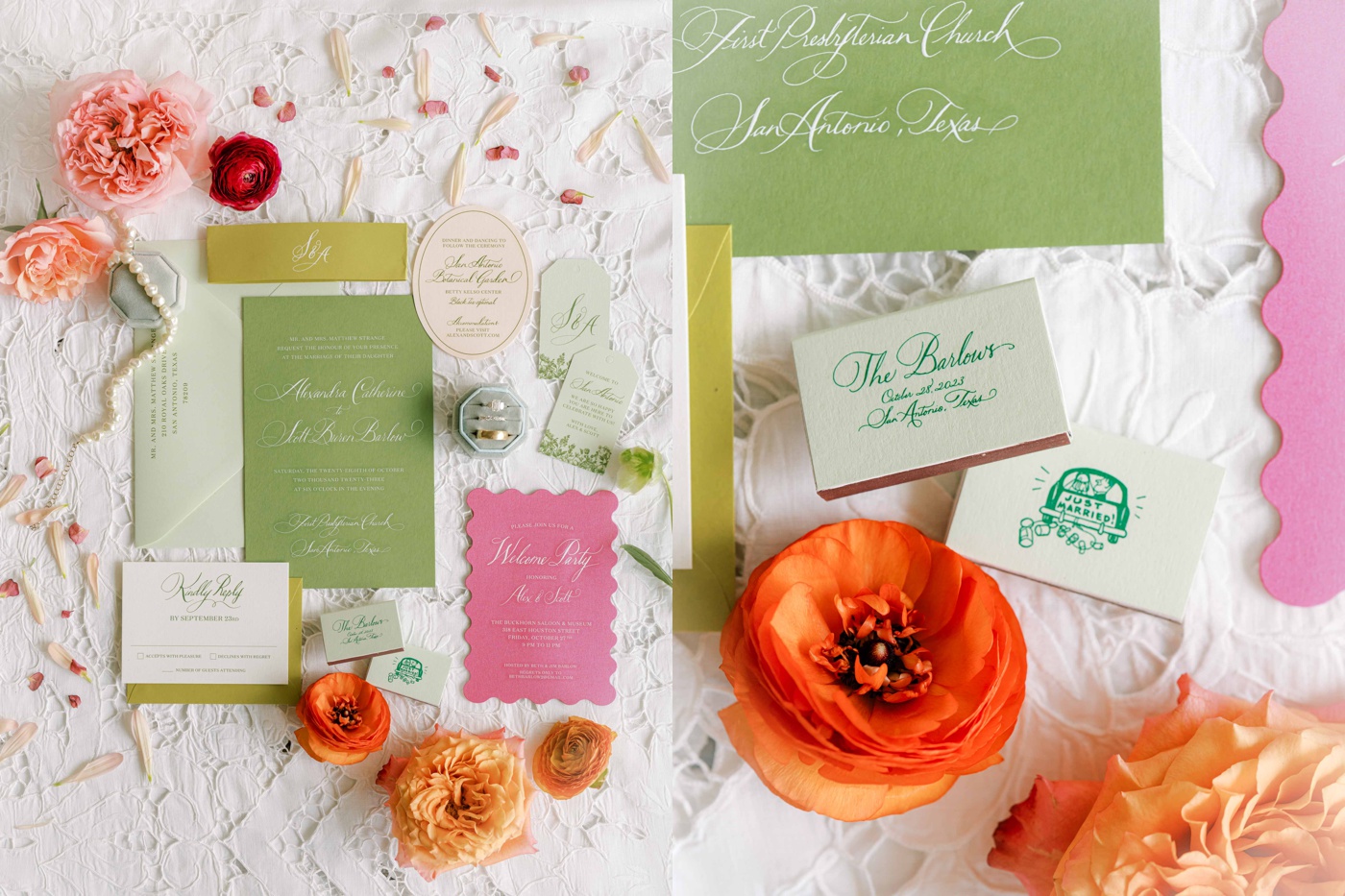 Colorful wedding invitation flatlay on a lace tablecloth