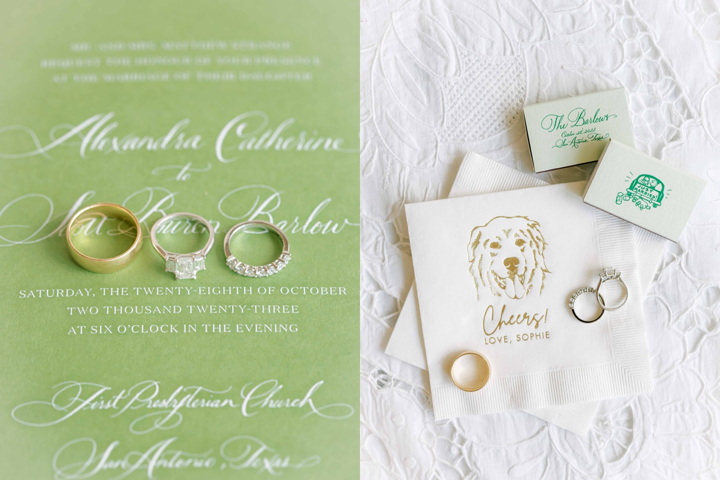Flatlay with a custom pet cocktail napkin and wedding rings
