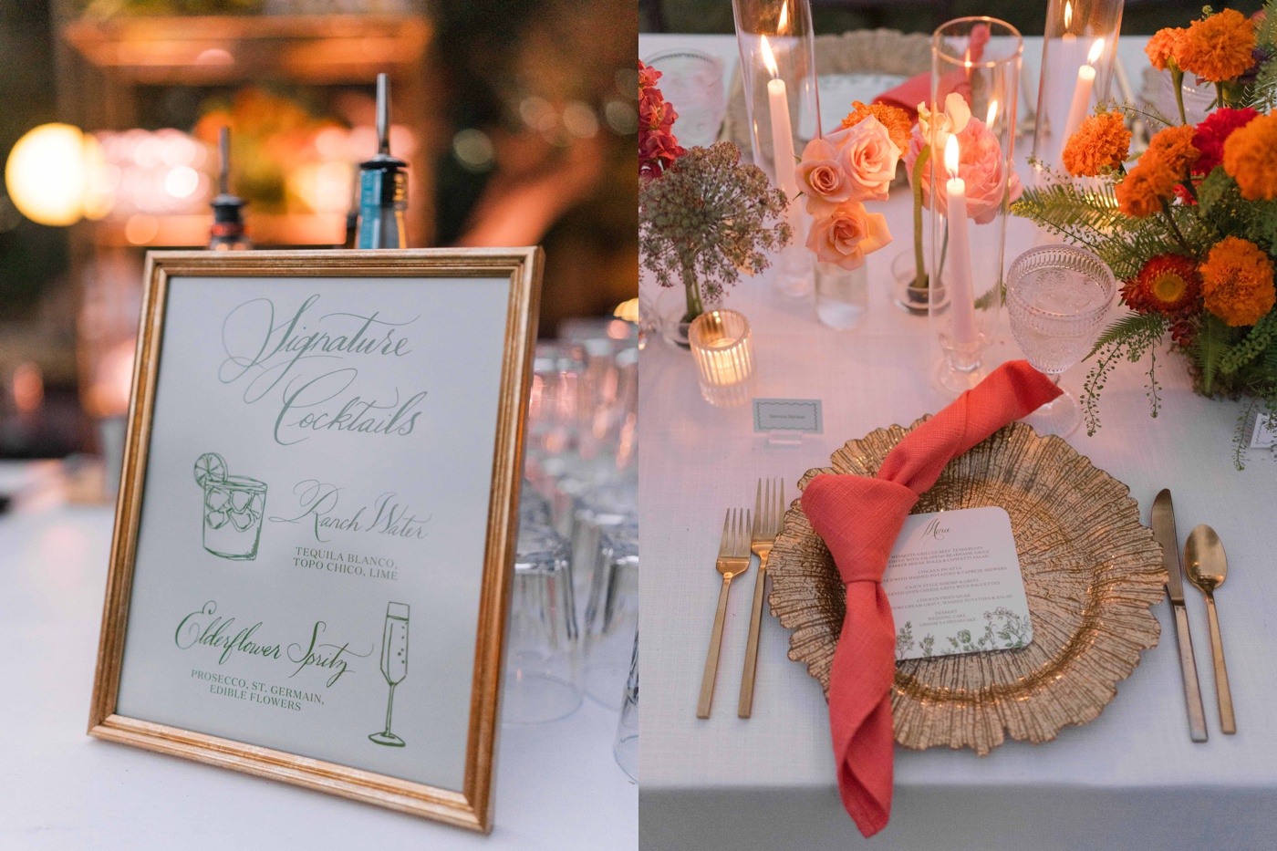 Table setting with a flower-shaped gold charger plate and a watermelon pink linen napkin at a San Antonio wedding