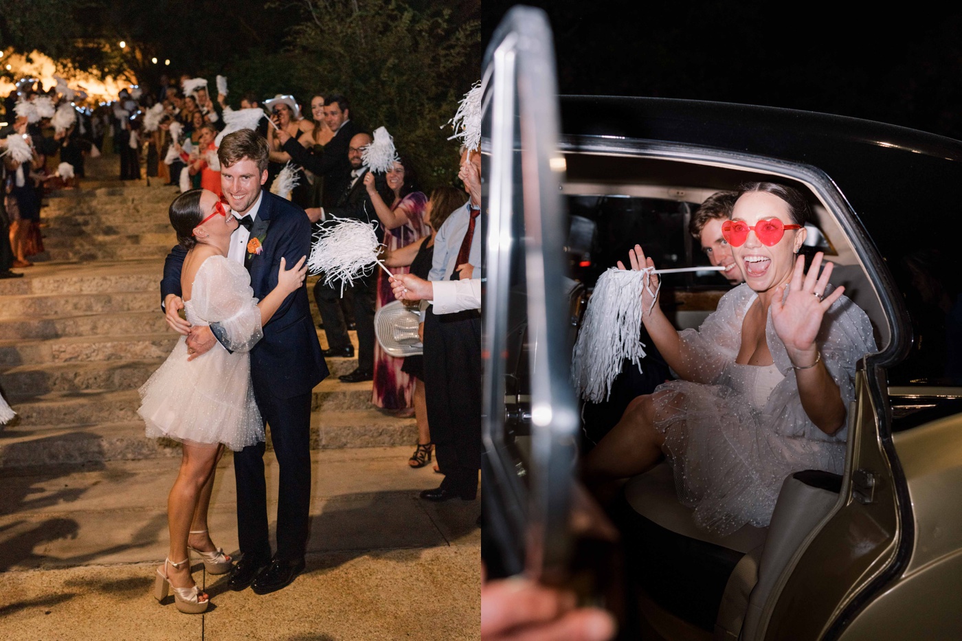 Bride wearing heart-shaped glasses to exit her San Antonio wedding