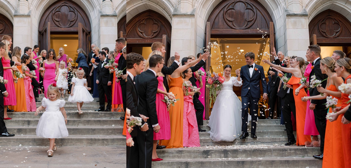Wedding guests tossing flower petals on a bride and groom exiting their San Antonio ceremony
