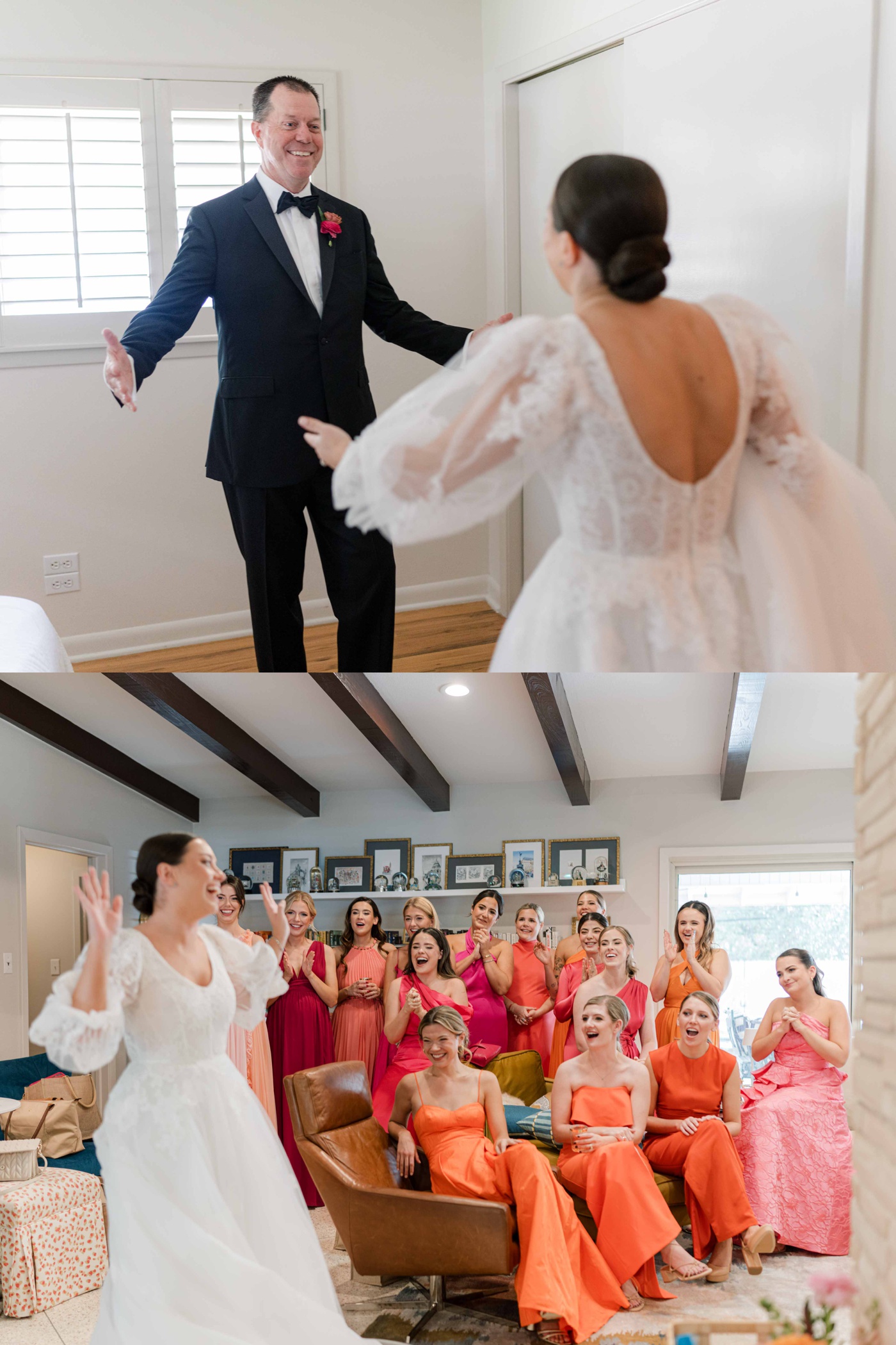 Split photo of first look with father of the bride and bridesmaids